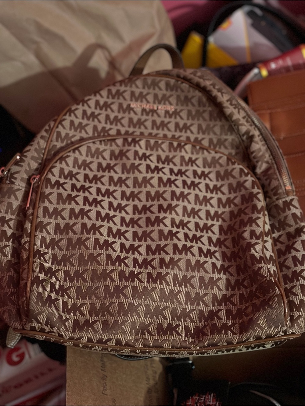 Michael Kors Taupe and Brown MK Signature Backpack